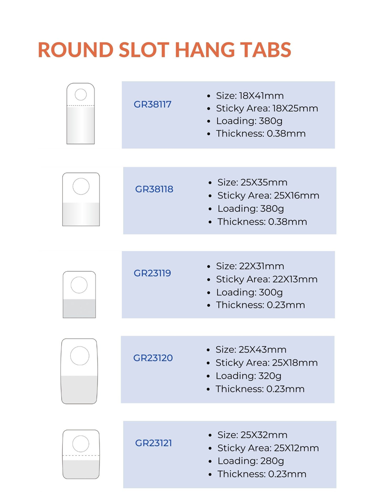 Round hang tabs with adhension