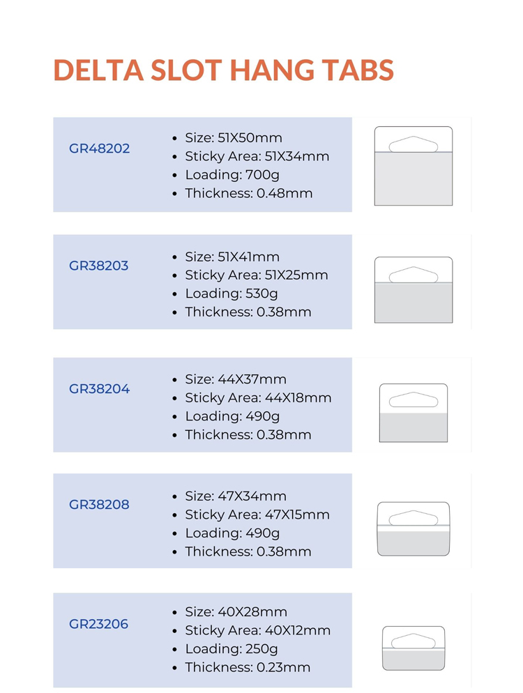 Self-adhesive delta hang tabs