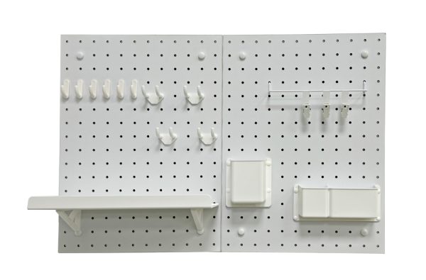 Two-piece pegboard set with included accessories: plastic hook, storage bin, memo clip, and clip holder.